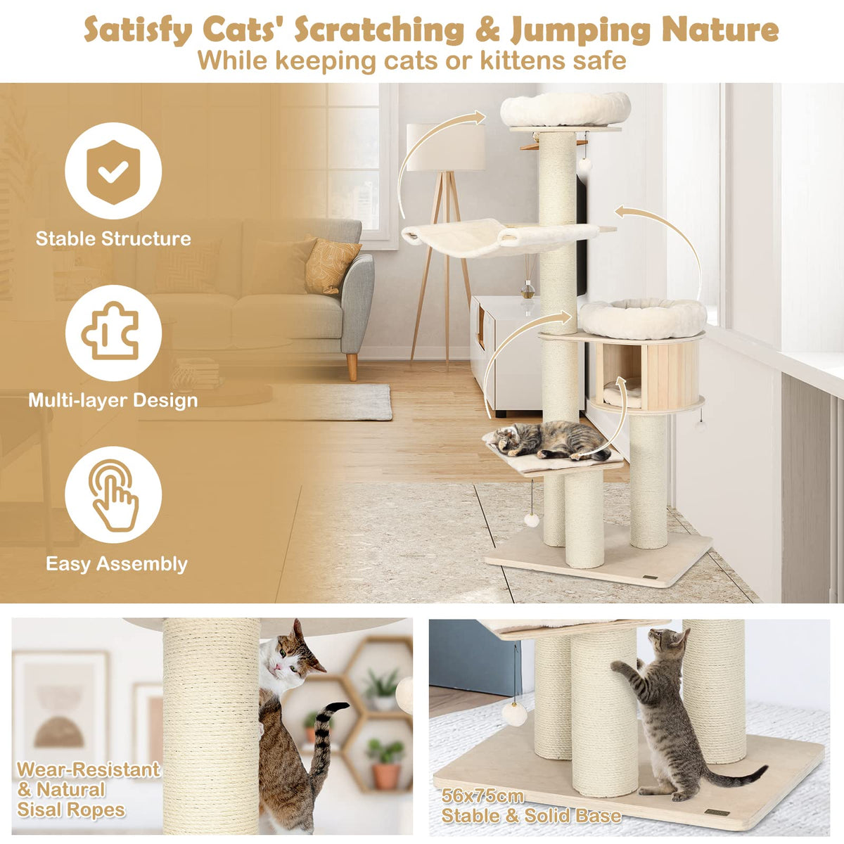 174cm Solid Wood Cat Tree, 4-Layer Cat Tower W/Sisal Scratching Posts, Cat Condo, Top Plush Perch