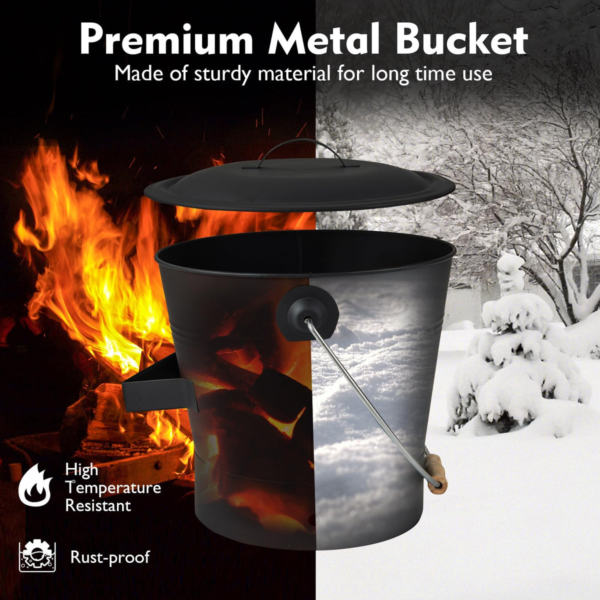 Fireplace Ash Can with Handle Gloves and Tools for Wood Burning Stoves