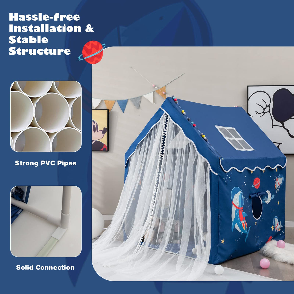 Large Kids Play Tent with Removable Padded Mat & Gauze Door Curtain