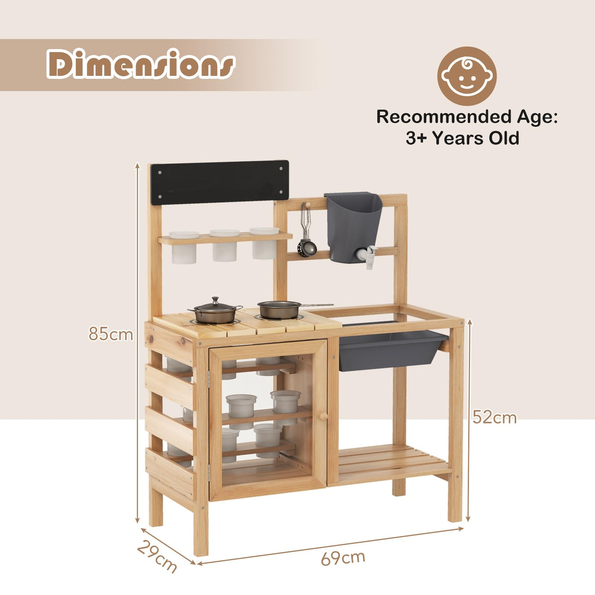 Kids Pretend Play Kitchen Toy Set with Removable Sink, Faucet, Dual Stoves