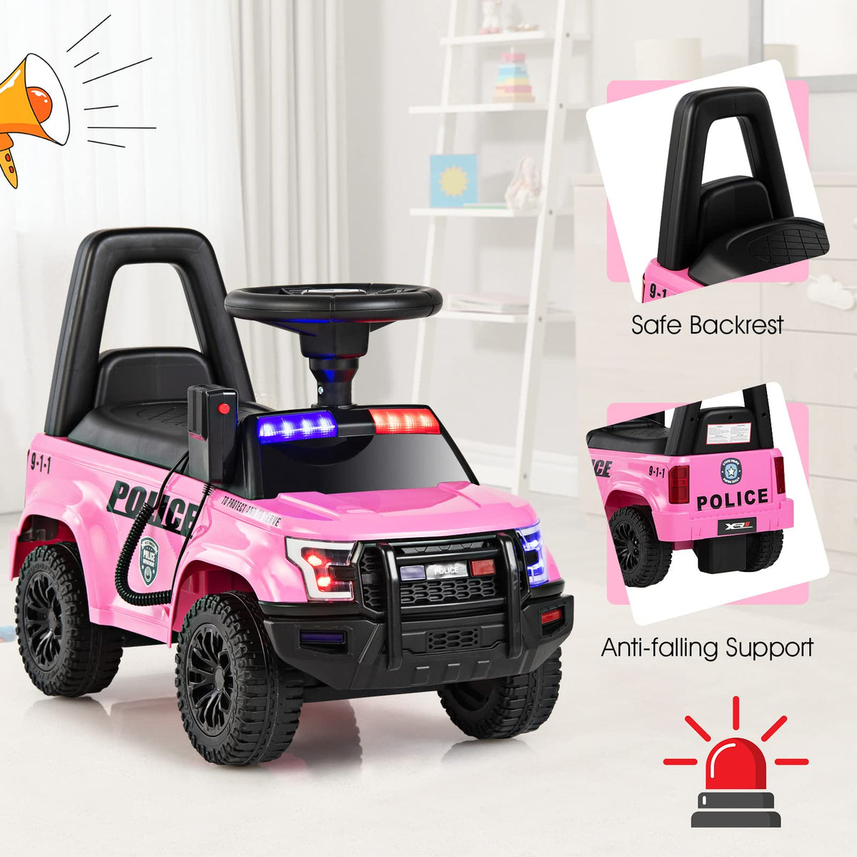 Ride On Push Police Car, Toddler Foot-to-Floor Sliding Toy with Siren
