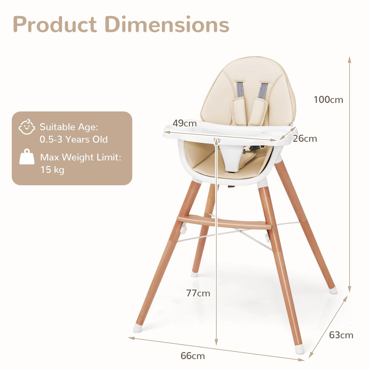 Wooden Highchair for Babies Infants w/Double 4-Gear Tray, Removable Seat Cushion & 5 Point Harness