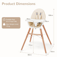 Wooden Highchair for Babies Infants w/Double 4-Gear Tray, Removable Seat Cushion & 5 Point Harness