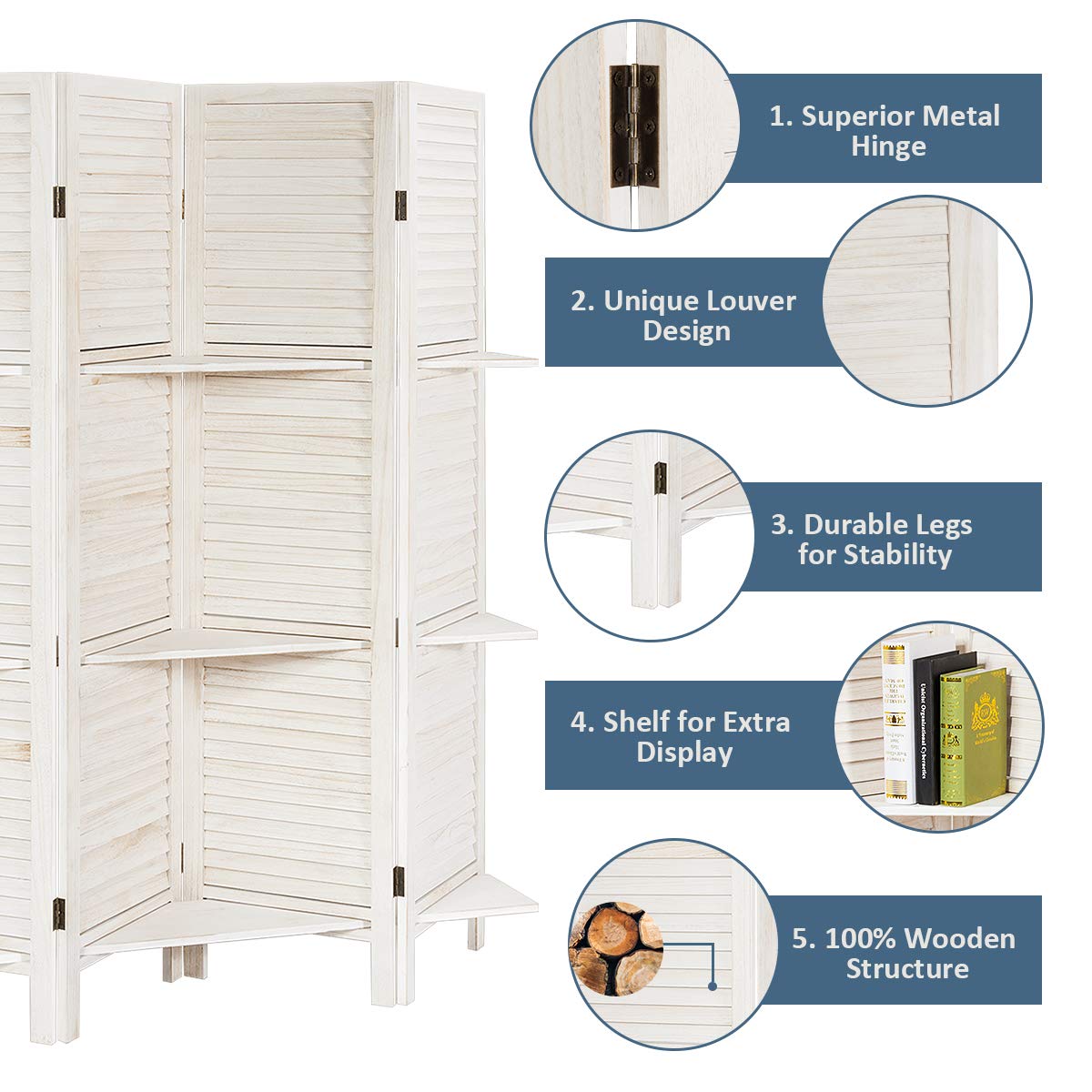 Giantex 4-Panel Room Divider, Portable Partition Screen w/Removable Storage Shelves