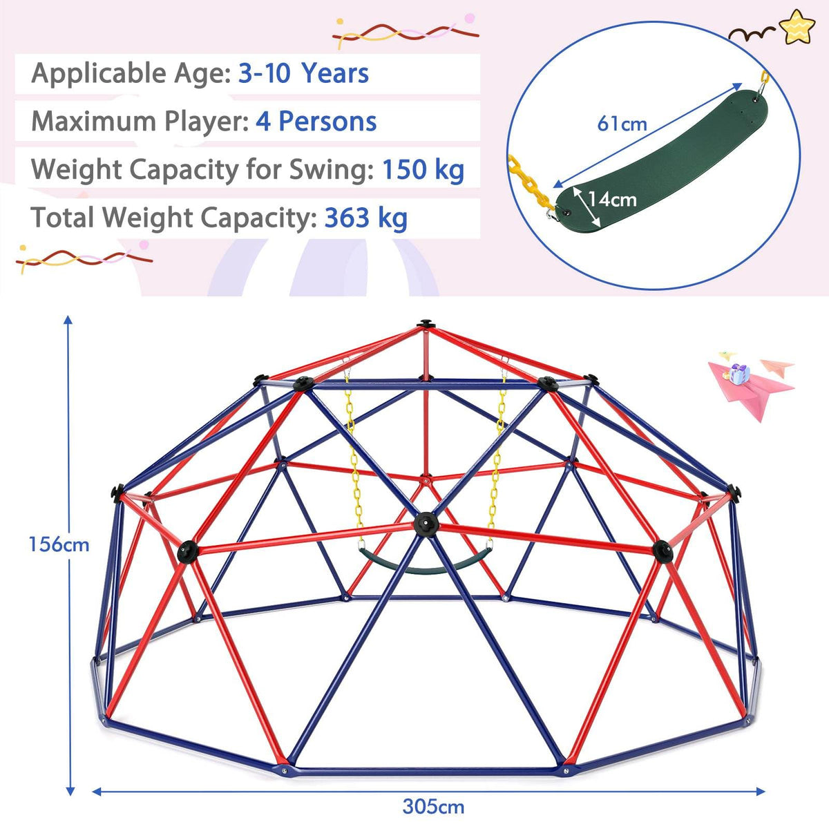 3m Kids Climbing Dome with Swing Outdoor Jungle Gym Climber