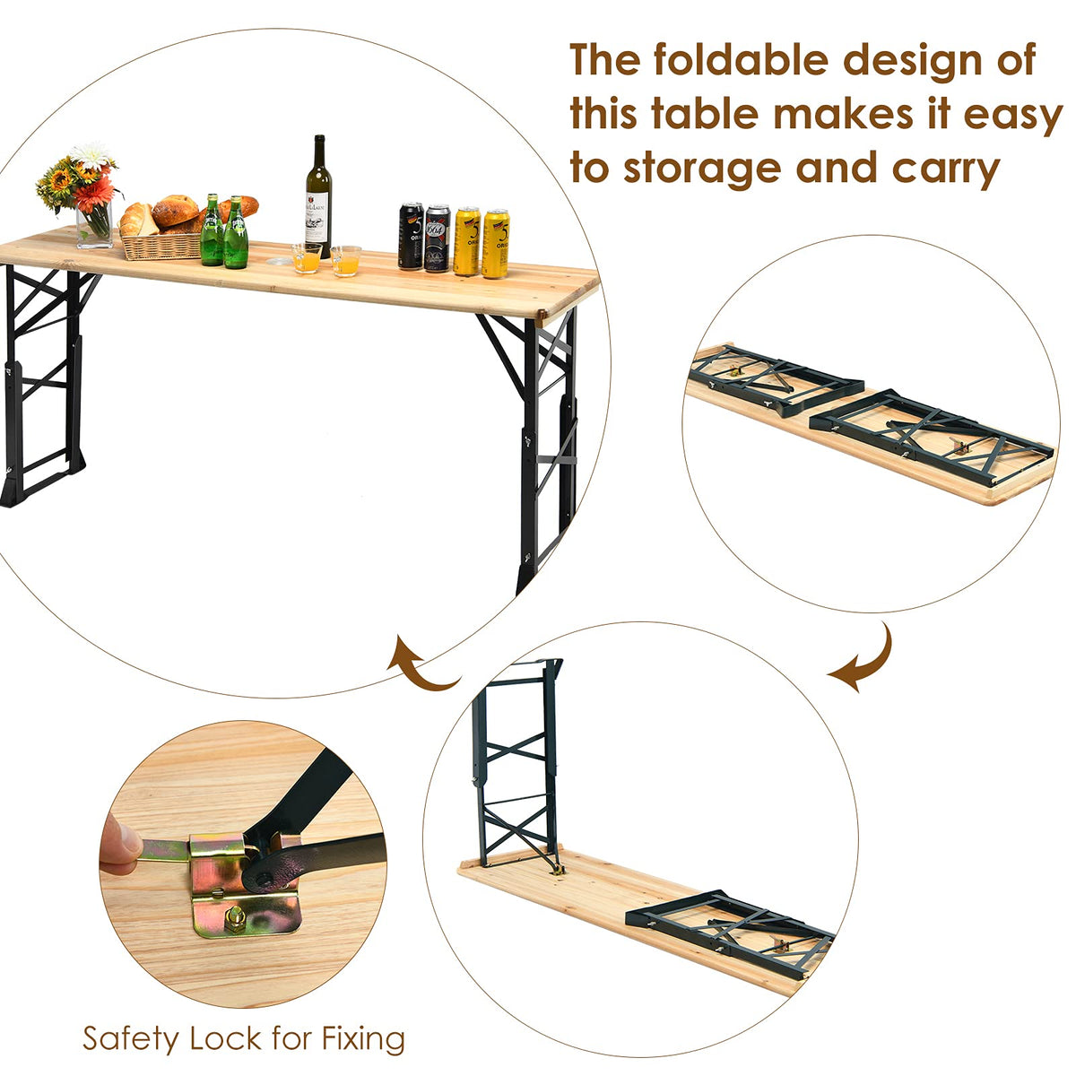 Patio Folding Picnic Table, Outdoor Large Beer Table with Adjustable Heights