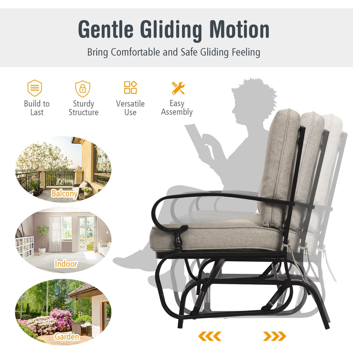 2 Seats Swing Glider Chair with Cushions for Outdoor