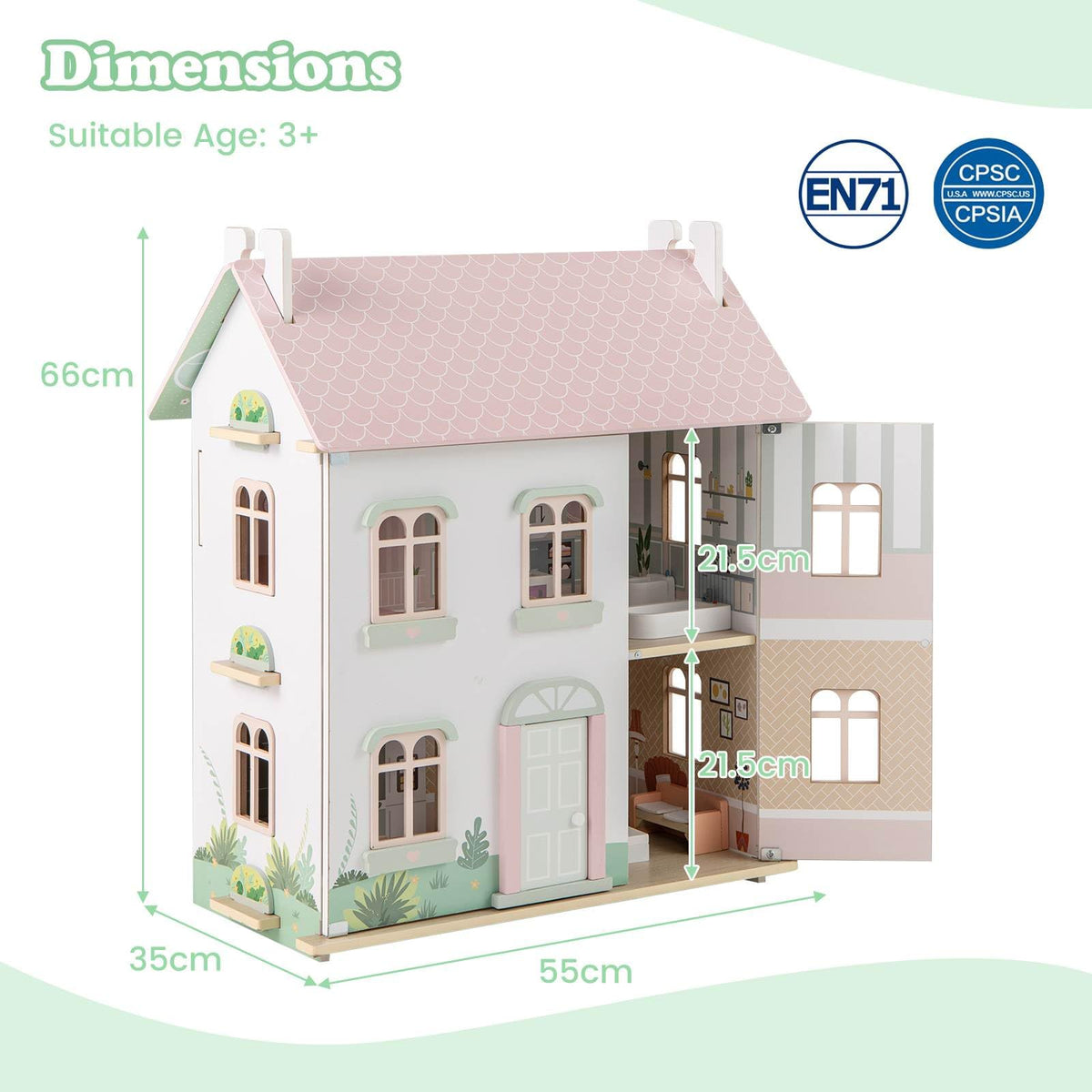 Kids Wooden Dollhouse with Double-Sided Roofs and Openable Doors