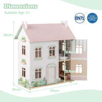 Kids Wooden Dollhouse with Double-Sided Roofs and Openable Doors