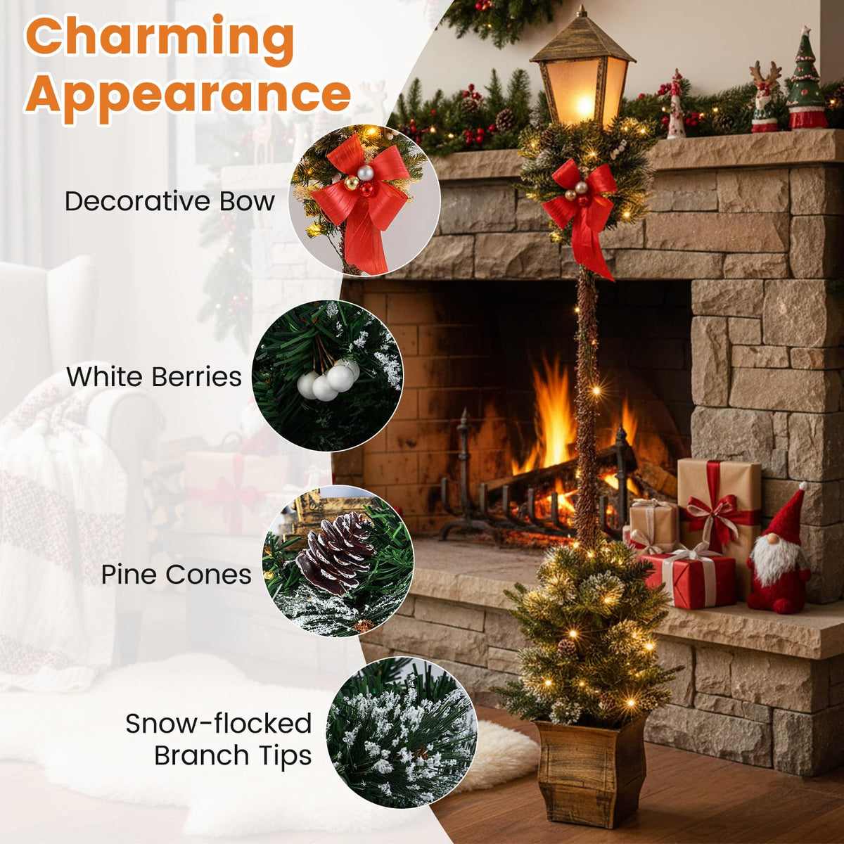 187cm Christmas Pre-lit Street Lamp Holiday Lamp Post with Artificial Greenery