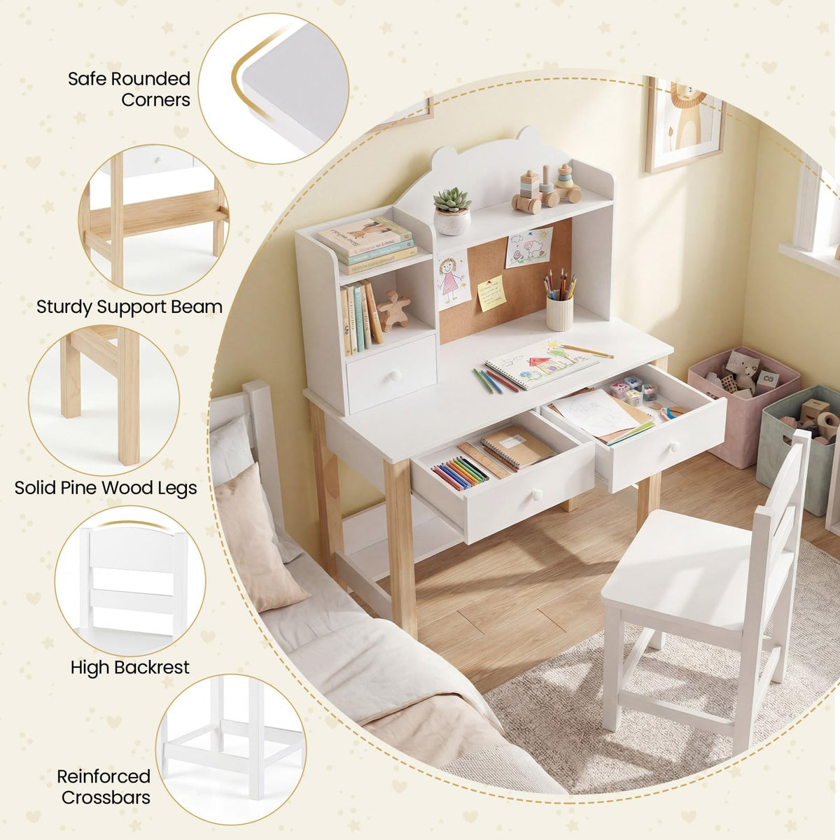 Kids Desk and Chair Set, Wooden Children Study Table with Storage Hutch