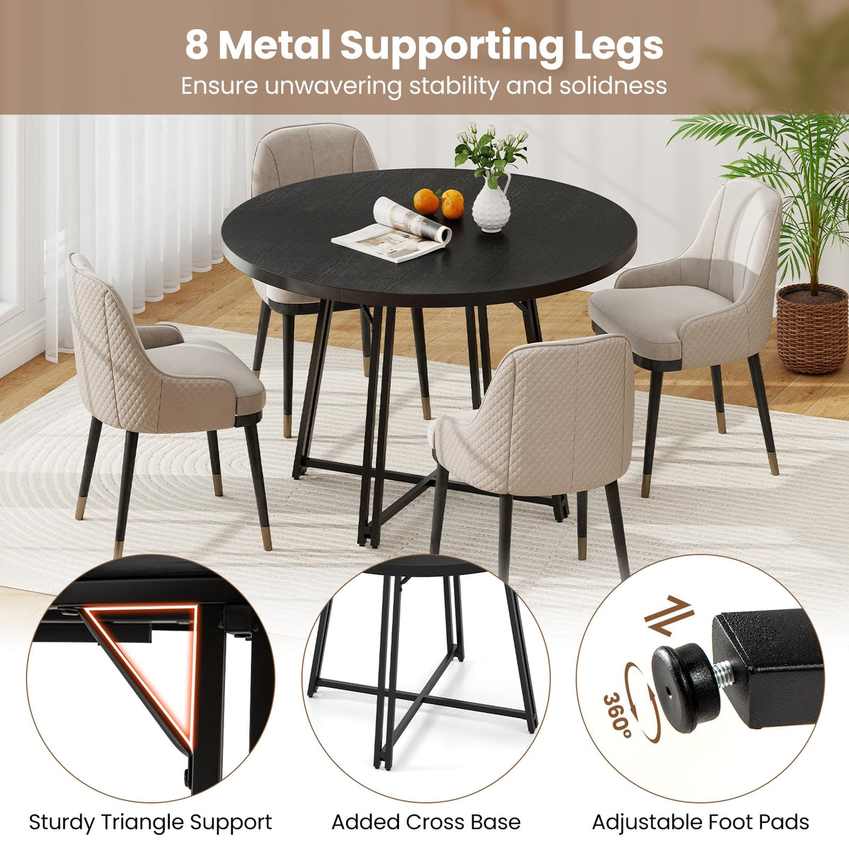 Giantex 118cm Dining Table for 4-6 People, Round Kitchen Table with 8 Metal Supporting Legs