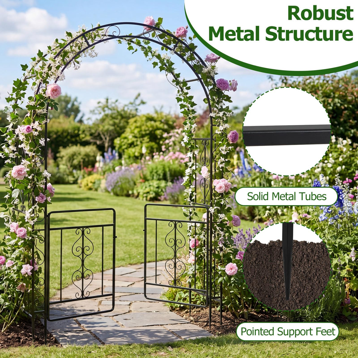 Garden Arch with Metal Arbor Trellis for Climbing Plants