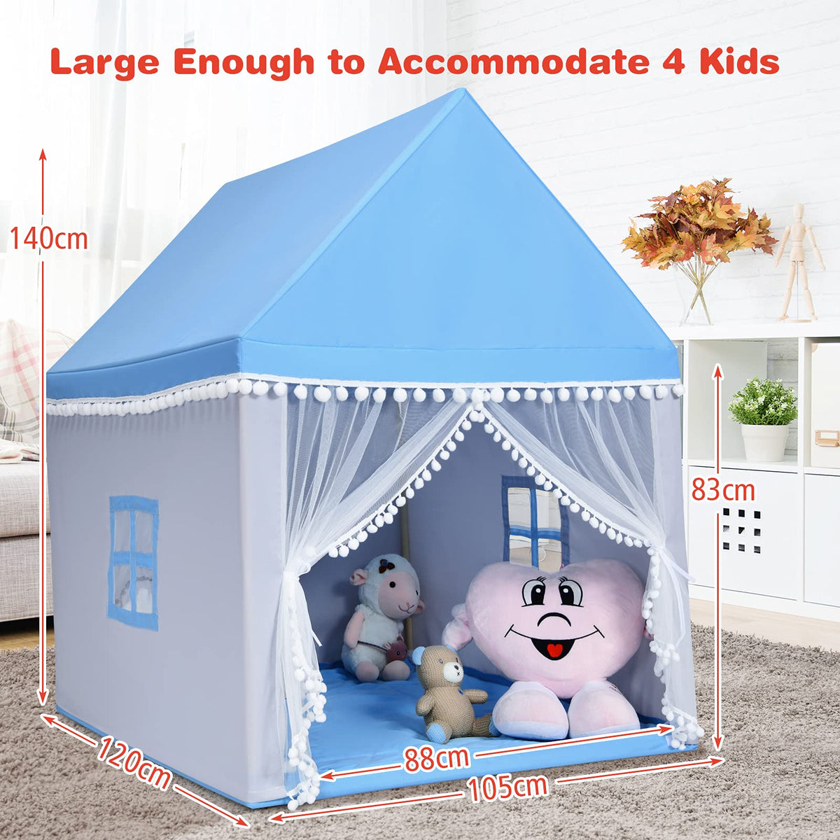 Kids Play Tent, Children Play House w/Solid Wood Frame & Cotton Mat