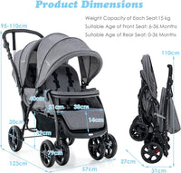 Foldable Tandem Stroller, Double Seat Baby Pram w/Adjustable Backrest, Push Handle and Footrest