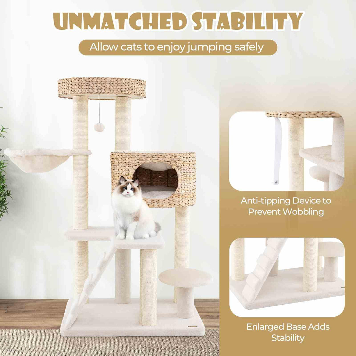 Cat Tree for Indoor Cats, Modern Cat Tower w/Cattail Fluff Condo & Top Perch, Sisal Scratching Posts, Hanging Basket