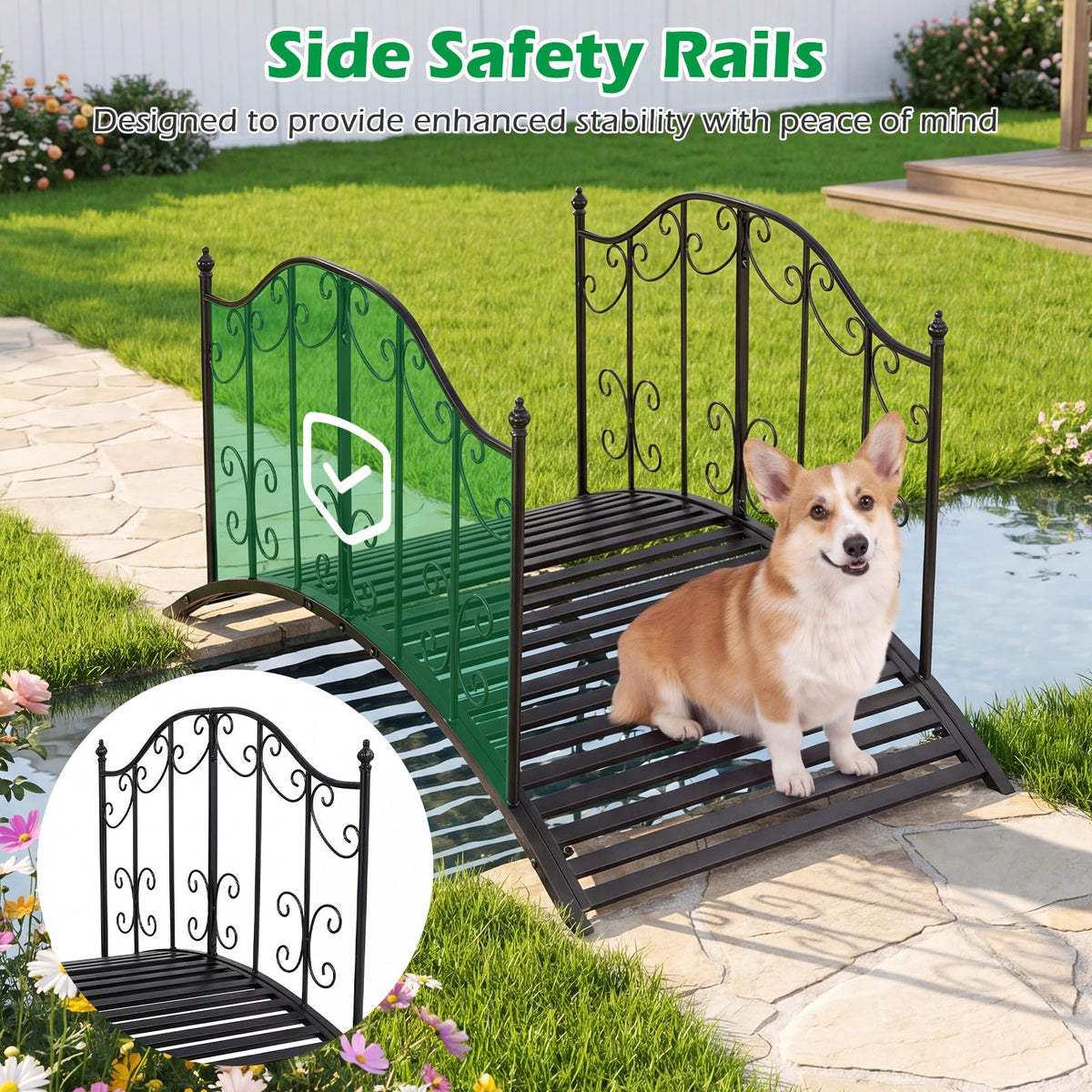 Garden Metal Bridge with Handrails, Outdoor Arched Bridge w/Dual Patterned Side Rails