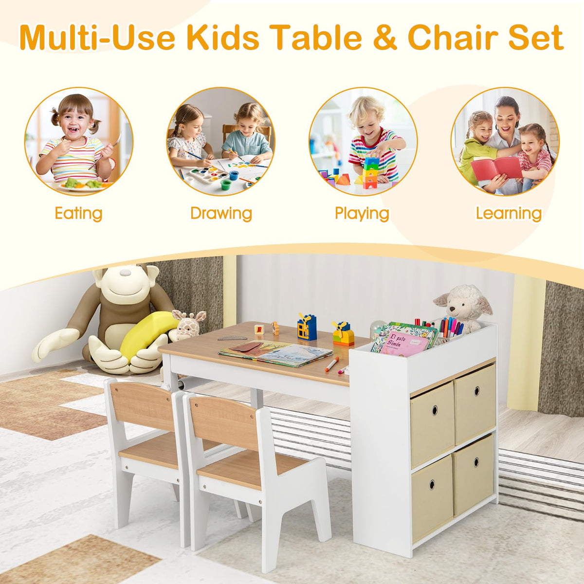 Wooden Kids Art Craft Study Table and Chairs Set with Paper Roll
