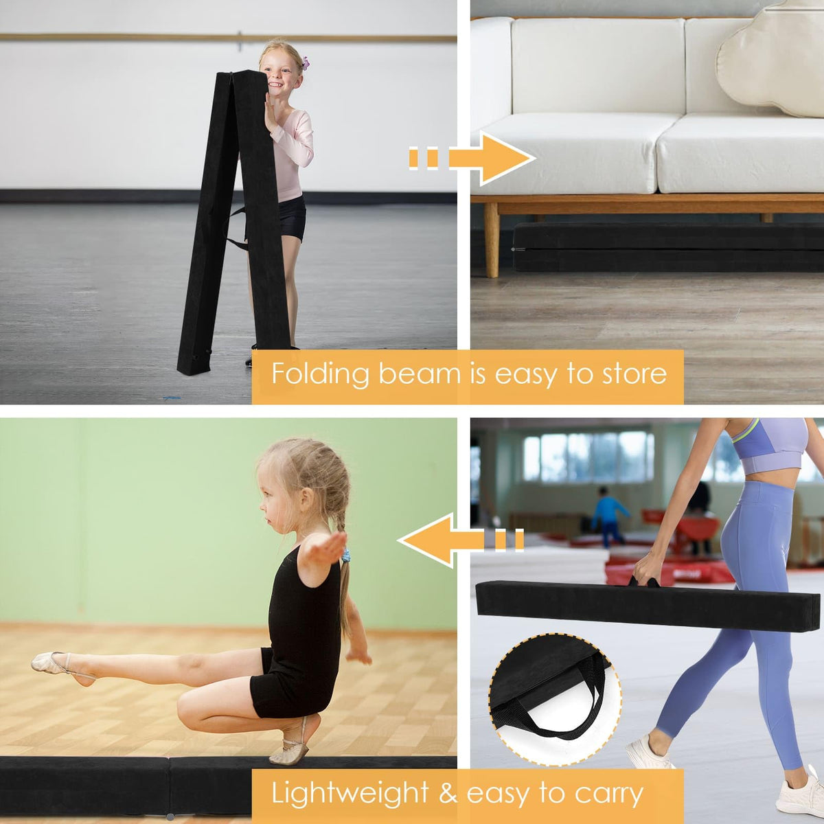 209cm Folding Balance Beam, Portable Gymnastic Beam w/Solid Wood Base & Anti-Slip Bottom