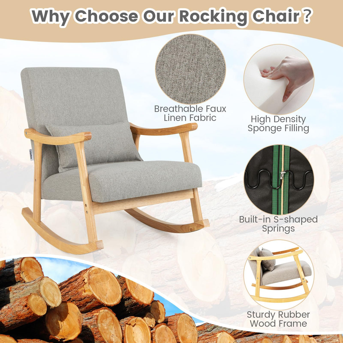 Giantex Upholstered Nursery Rocking Chair w/Lumbar Pillow