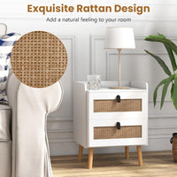 Modern End Table Bedside Table with 2 Rattan Decorated Drawers for Small Spaces