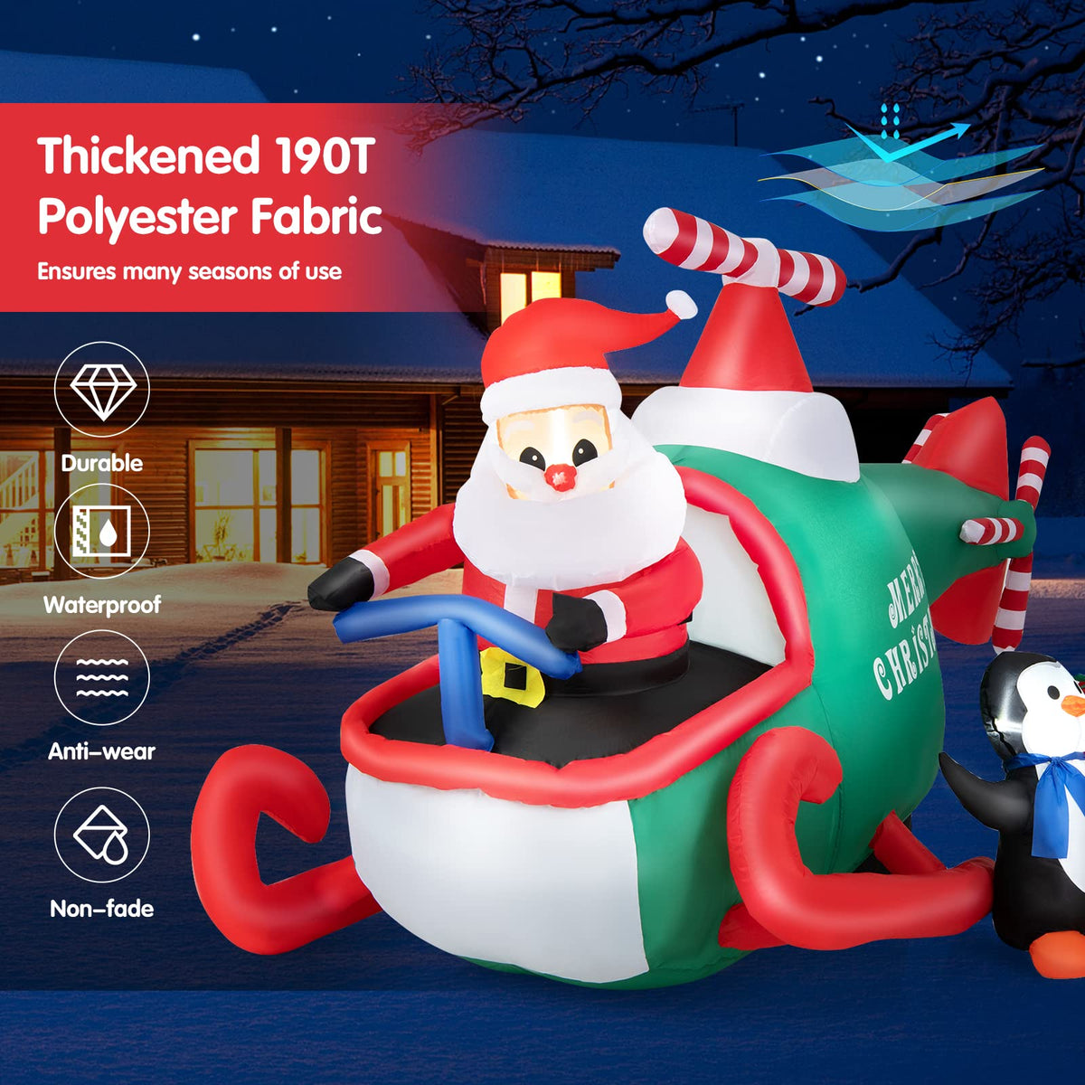 190CM Christmas Inflatable Santa Claus with Penguins on Helicopter