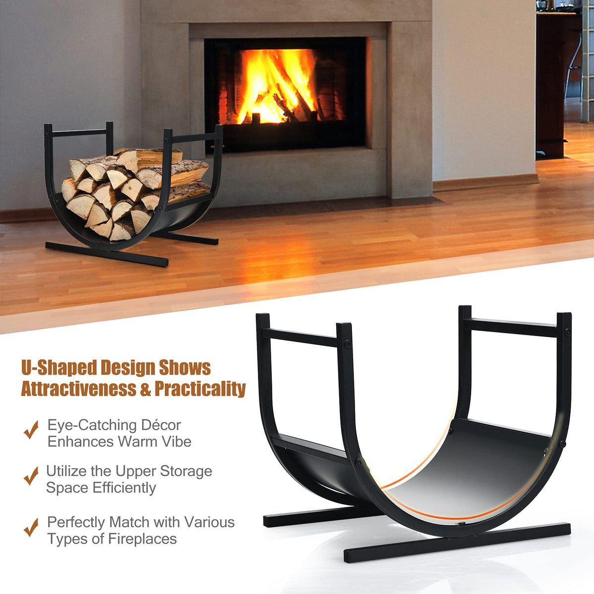 U-Shaped Firewood Rack with Handles for Fireplace Log Storage