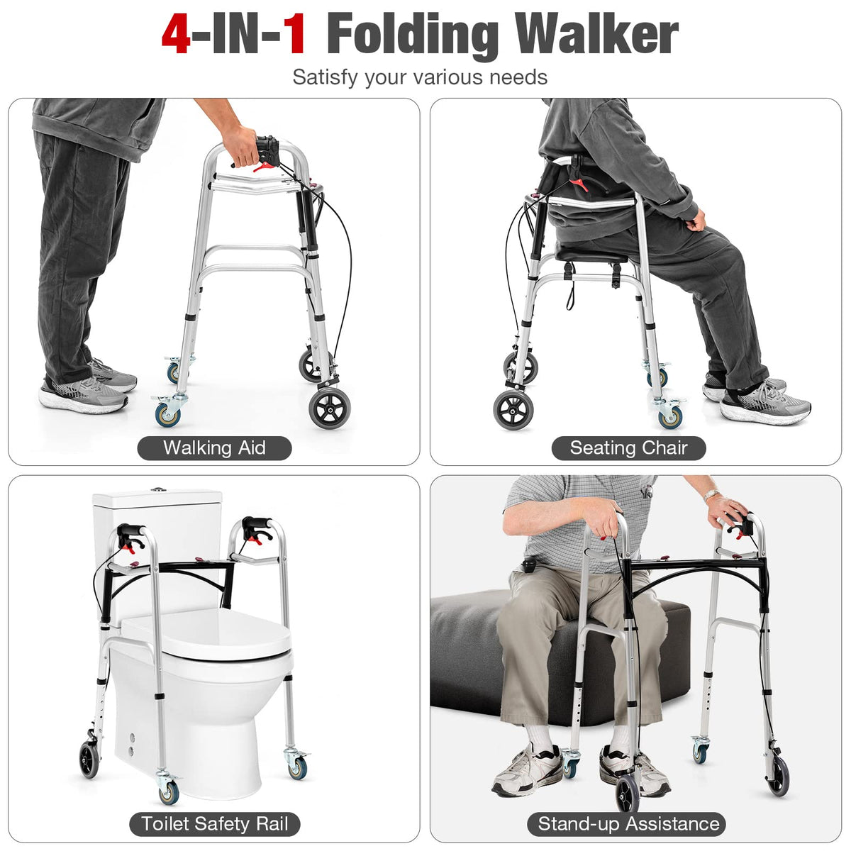 2-Button Folding Walker, Height Adjustable Walking Aid