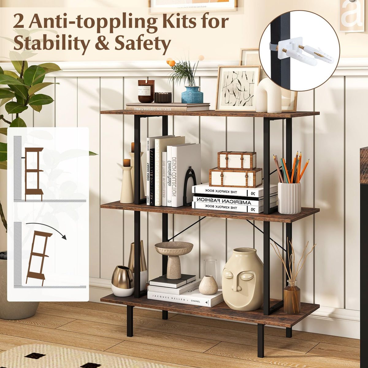 Giantex 3-Tier Bookshelf, Industrial Bookcase w/Open Shelves, Corner Display Shelf