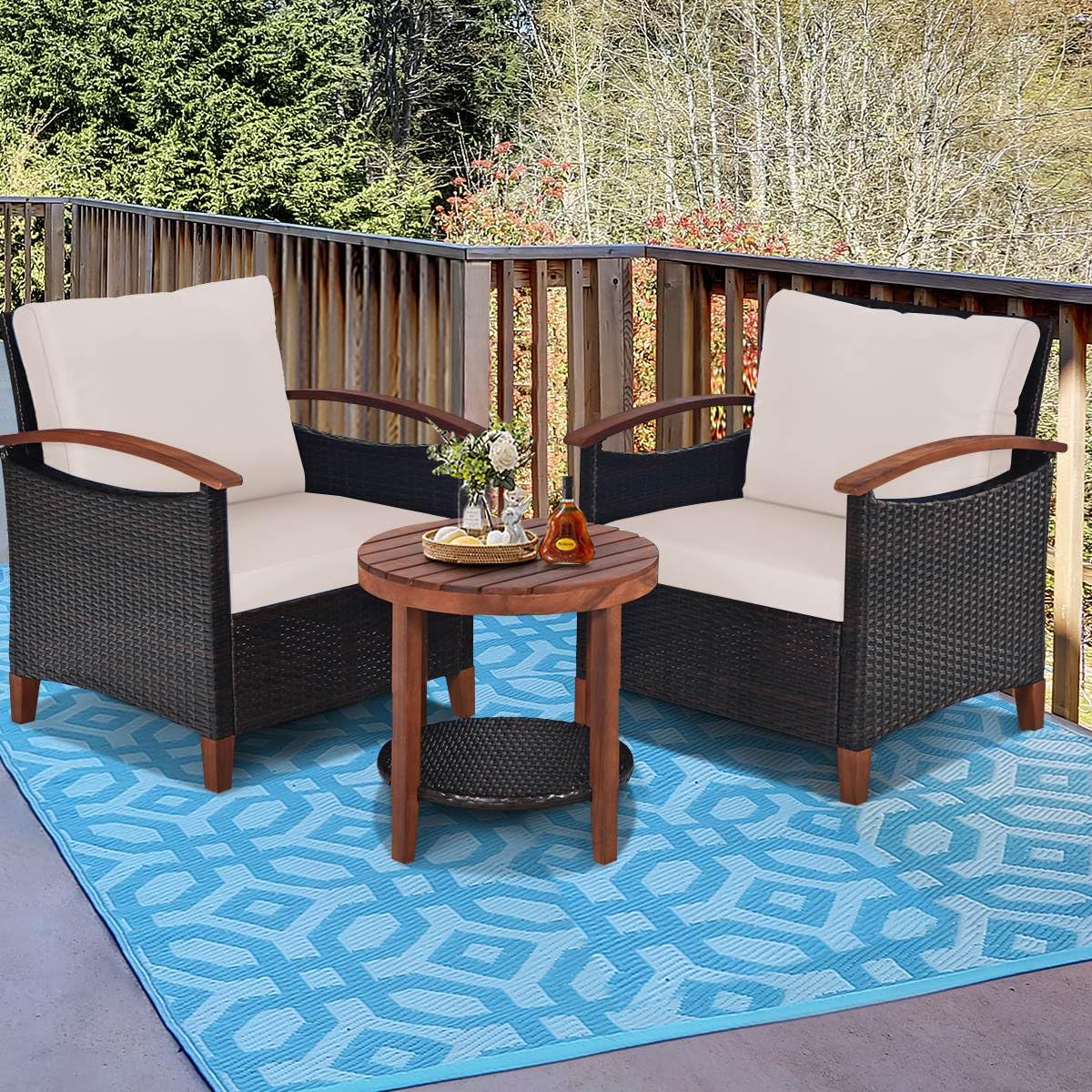 3 Piece Patio Sofa Set, 2 Rattan Chairs w/ 2-Tier Coffee Table