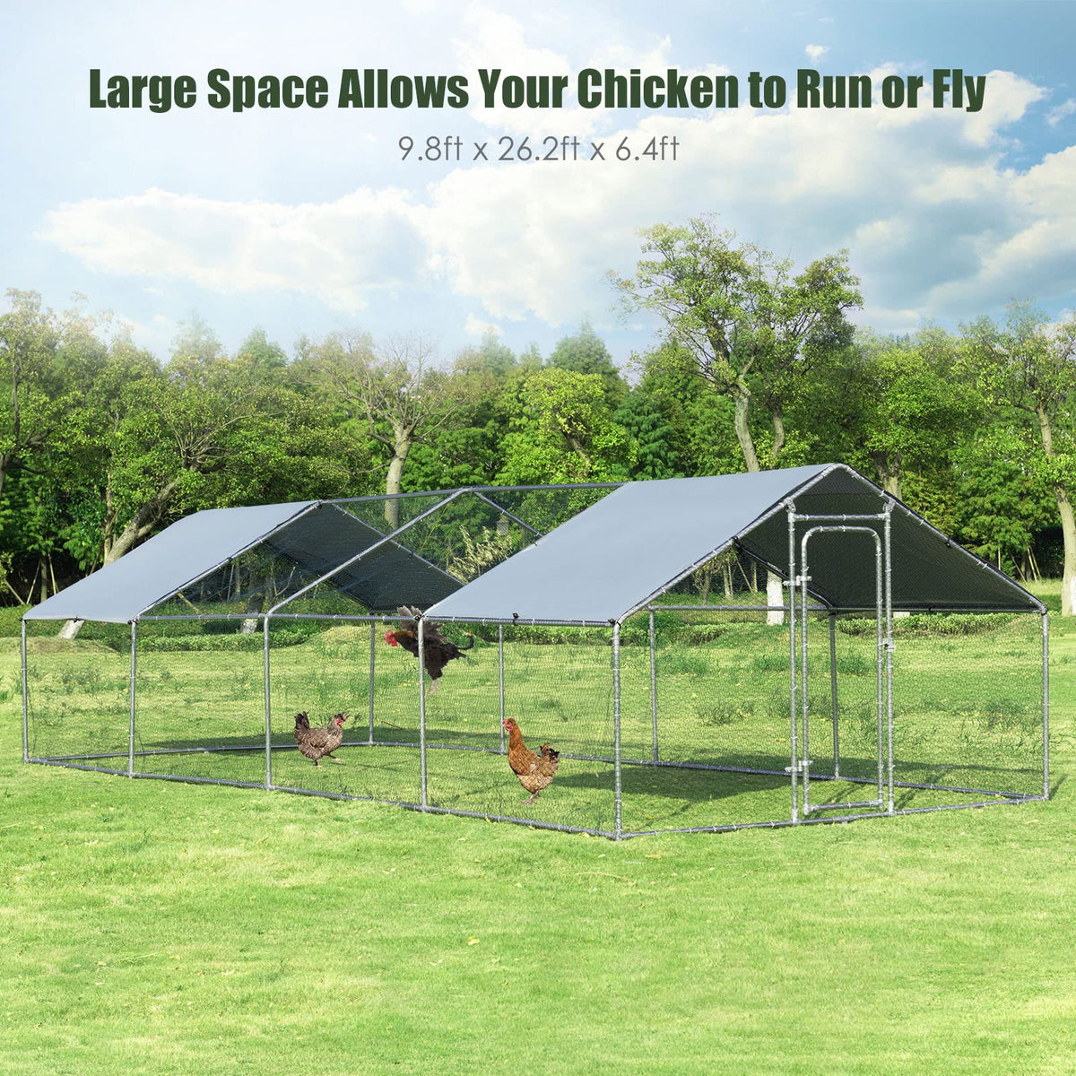 Large Outdoor Metal Chicken Coop, Walk-in Hen Run House with Water-Proof Cover