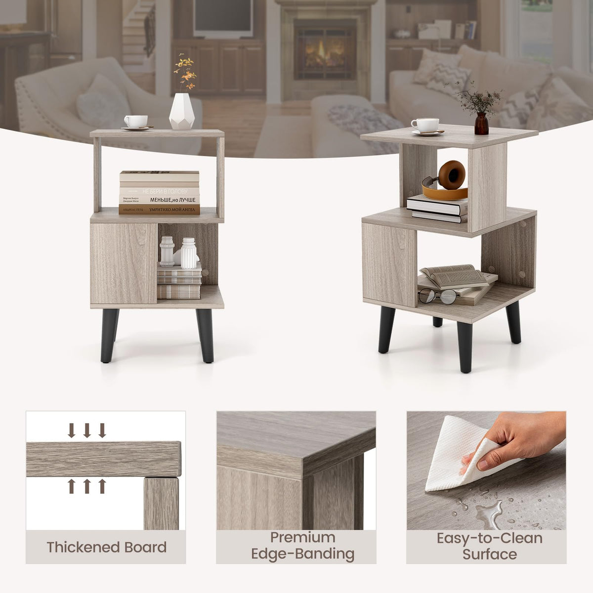 3-Tier Geometric Bookshelf Set of 2, Modern Asymmetrical End Table