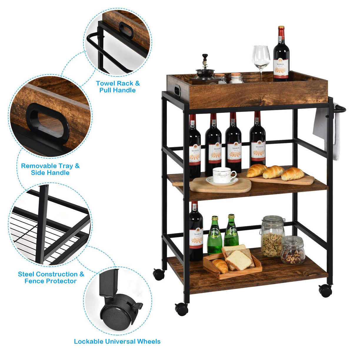 Giantex 3-Tier Kitchen Island Bar Cart, Industrial Serving Cart, Utility Trolley Wine Storage Cart
