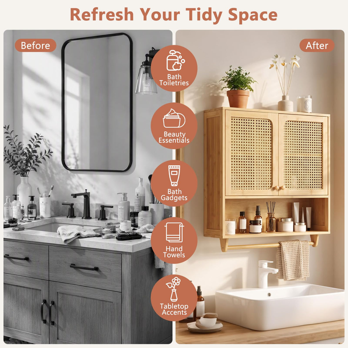 Bamboo Bathroom Wall Cabinet with Towel Rack and Rattan for Bathroom