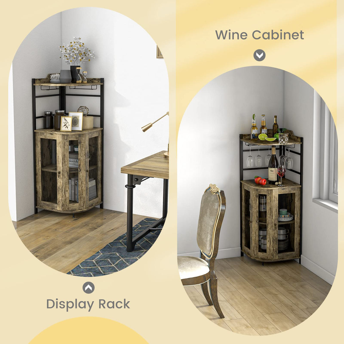 Giantex Corner Bar Cabinet with Glass Holder, Industrial Wine Cabinet with Metal Mesh Doors