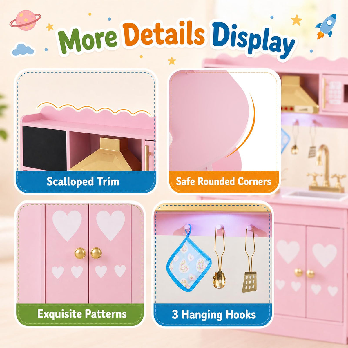 Wooden Play Kitchen for Kids Toddlers with Real Lights and Sounds