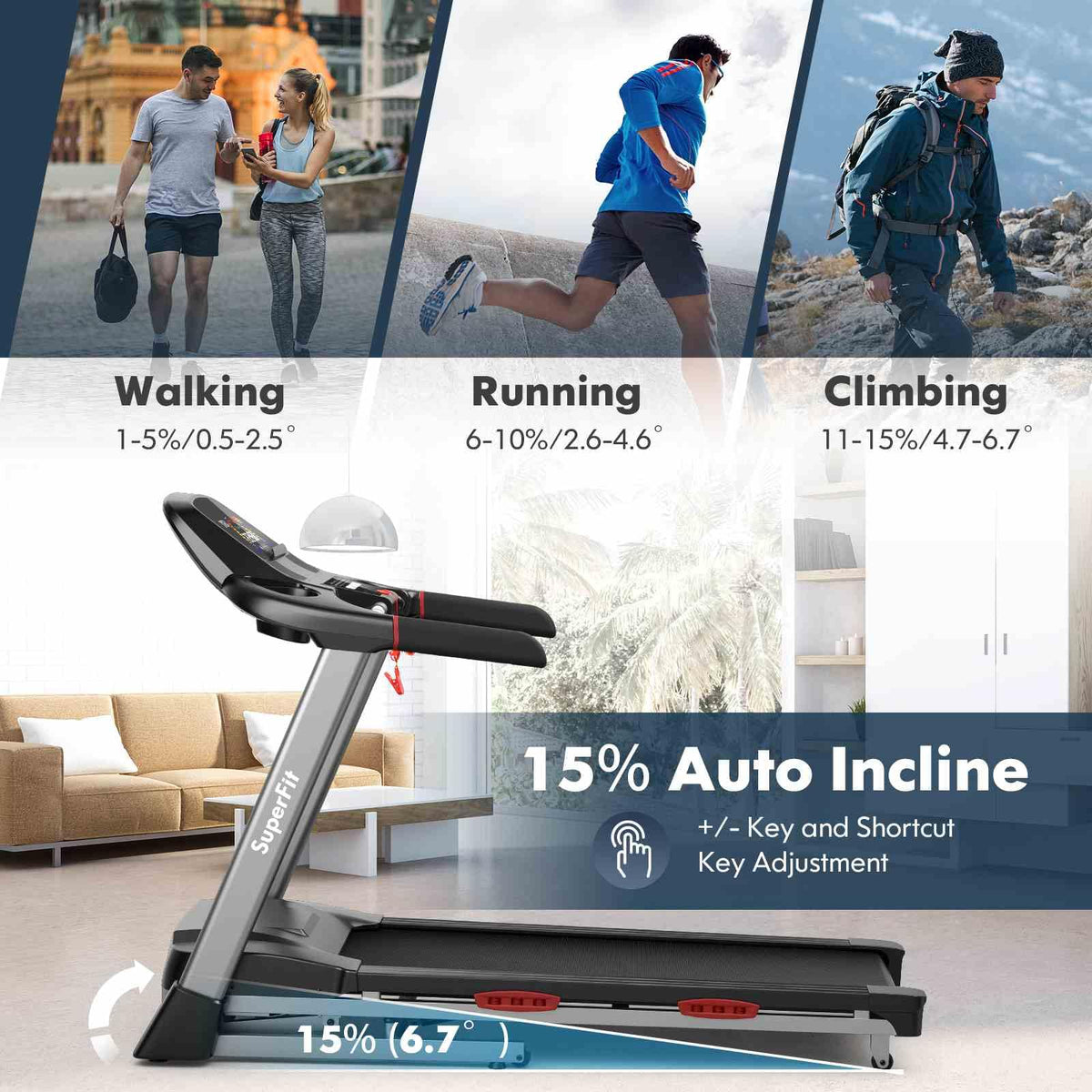 4.75HP Folding Treadmill with 15% Auto Incline for Home & Gym