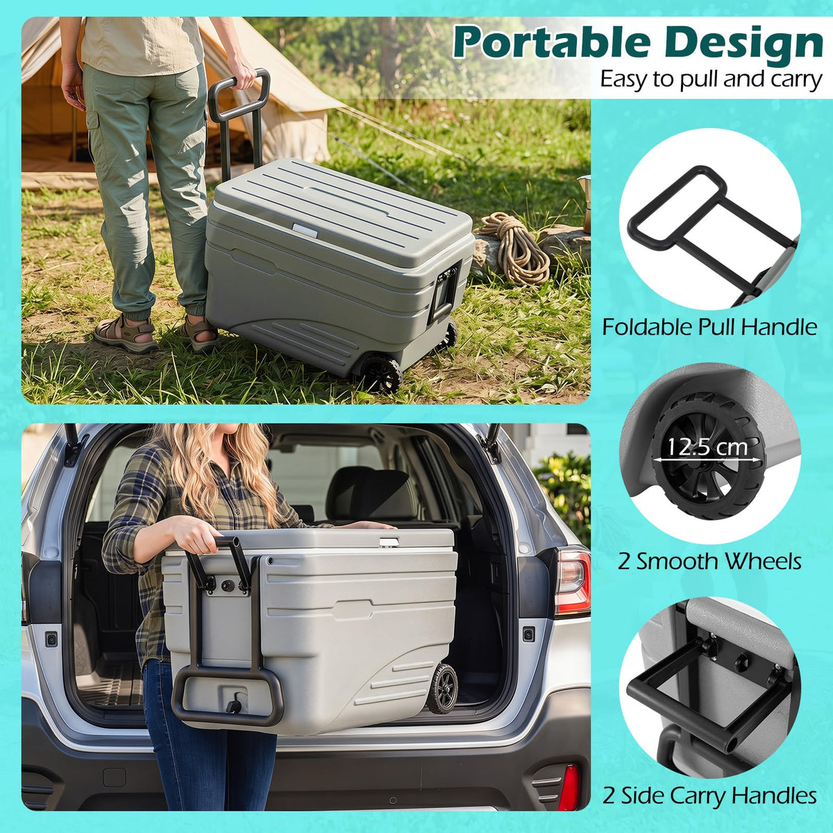 Outdoor Hard Cooler on Wheels 80L for Camping and Picnic with Handles