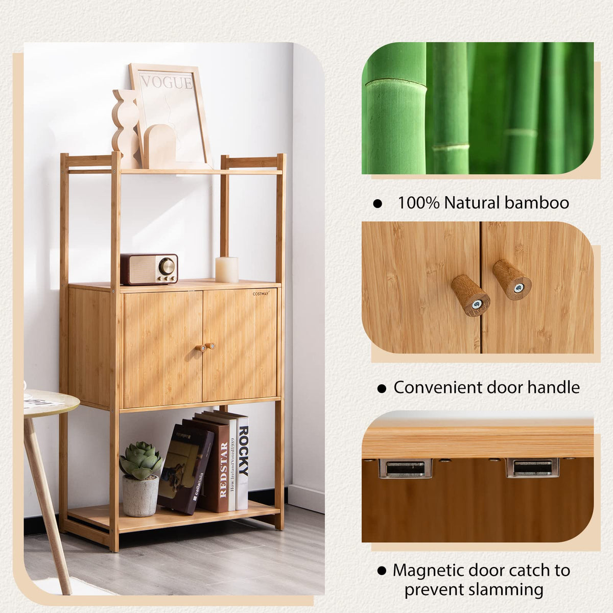 Bamboo Storage Cabinet with 3 Shelves for Bathroom