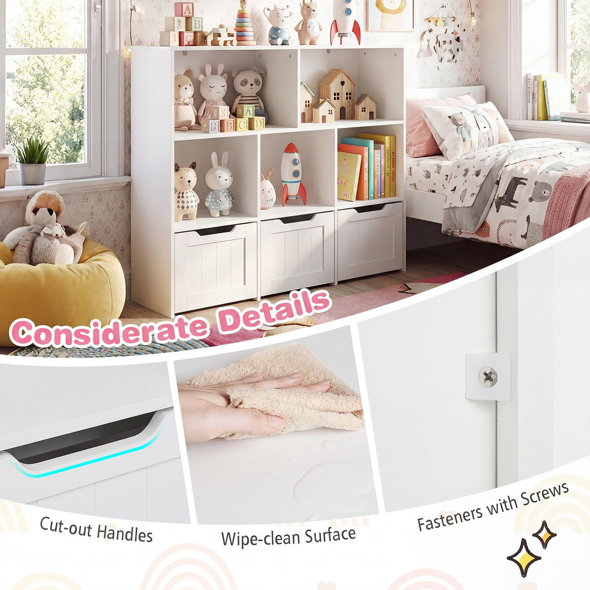 Kids Toy Storage Organizer, Children Bookshelf Toy Chest Box w/3 Movable Drawers