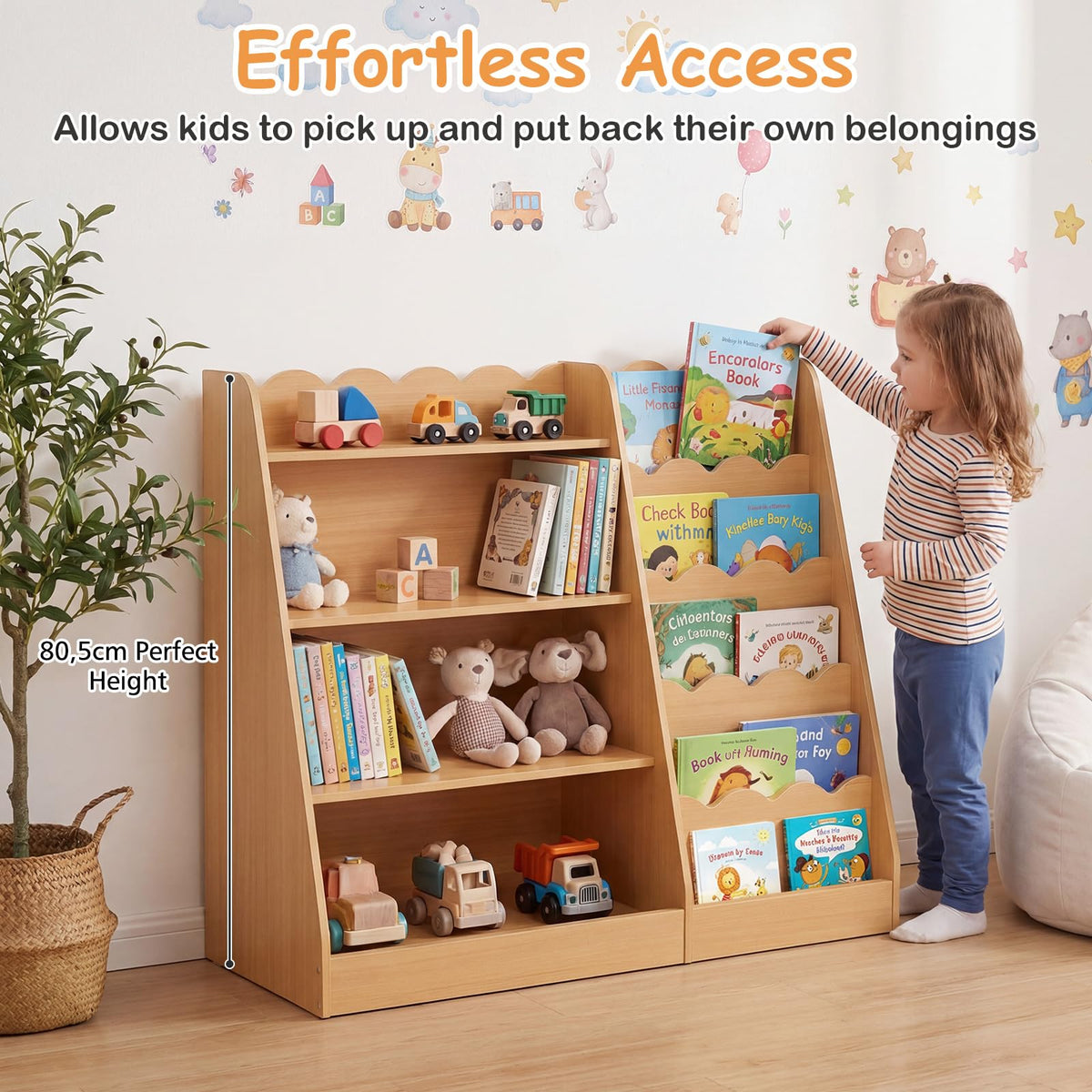 5-Tier Scalloped Shelves, Deep Compartments, Wooden Book