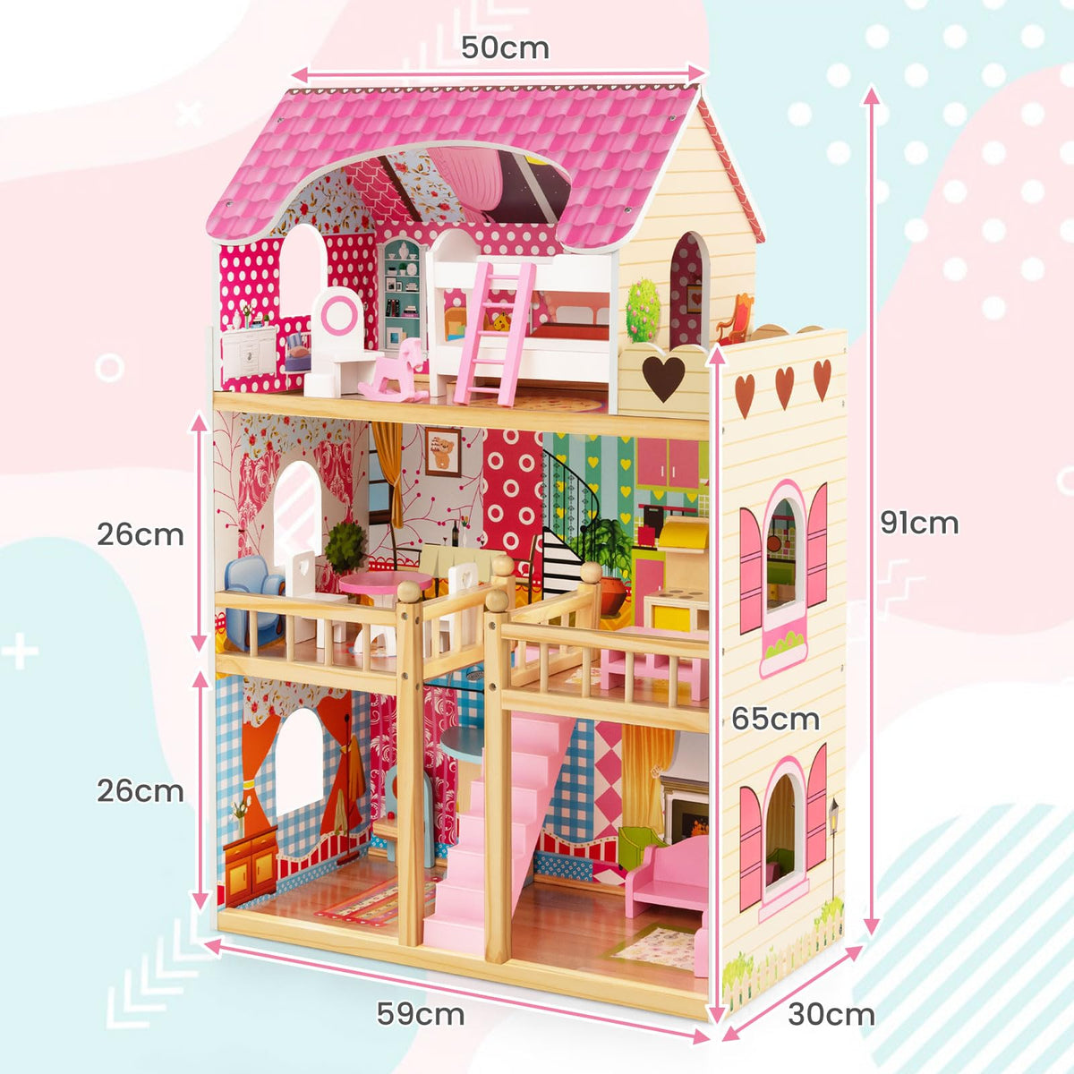 Toddler Fully Furnished Playhouse with 3 Stories for Kids