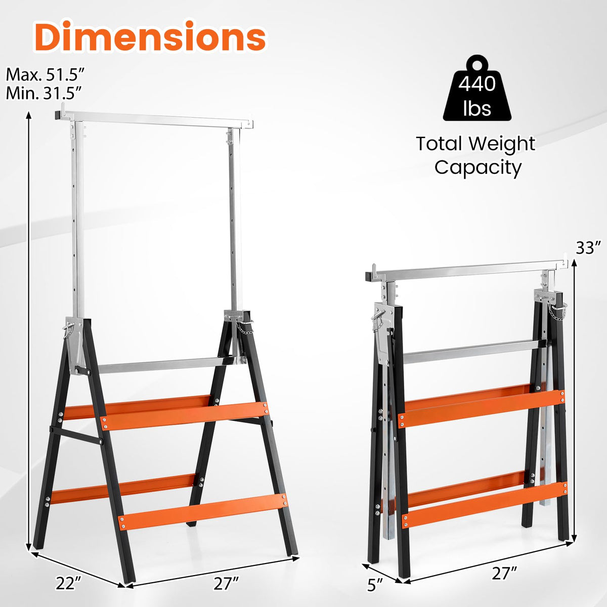 2 Pack Folding Saw Horses, Heavy Duty Metal Adjustable Height Sawhorse Set