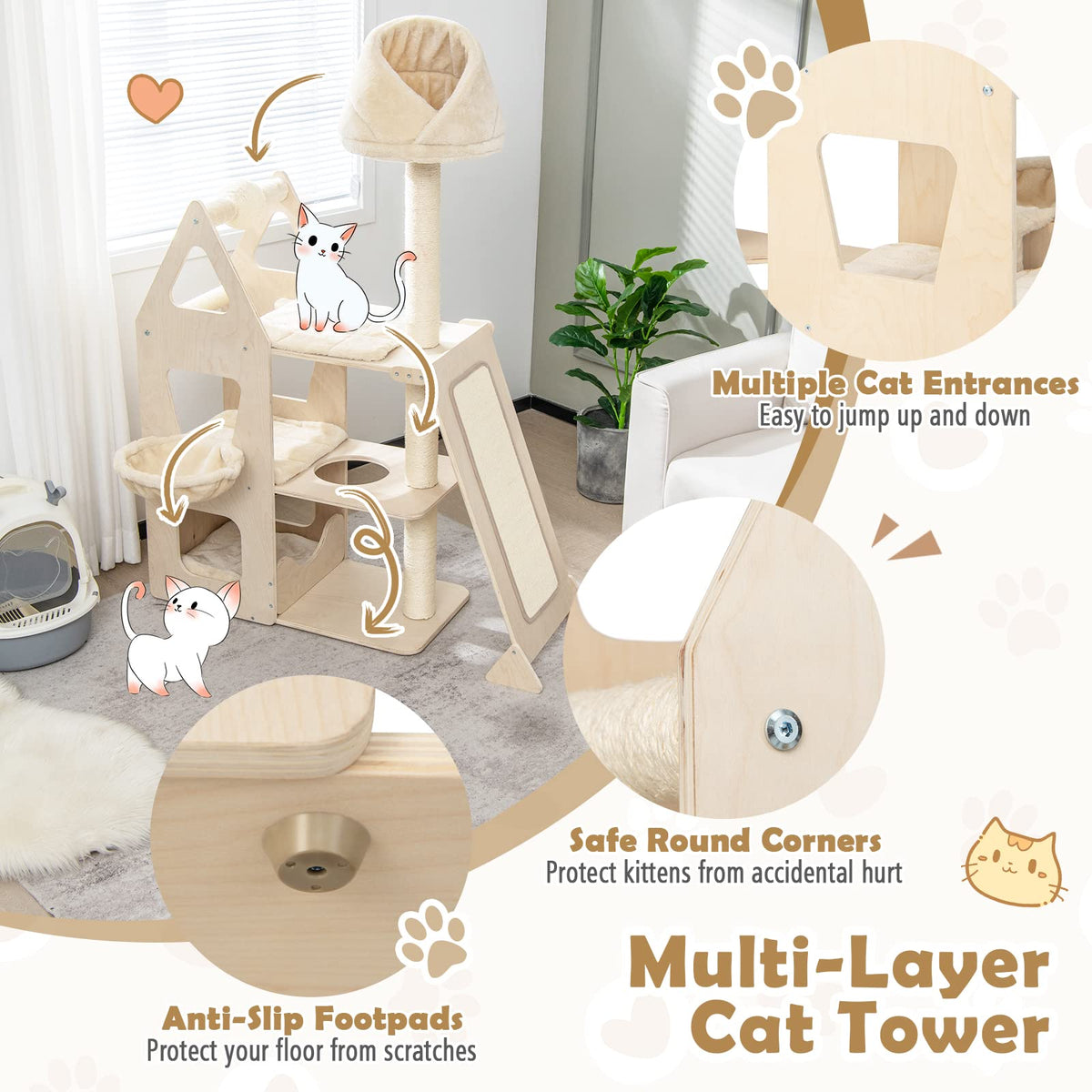 Multi-Level Cat Tree, Cat Tower with Sisal Scratching Post, Ball & Board