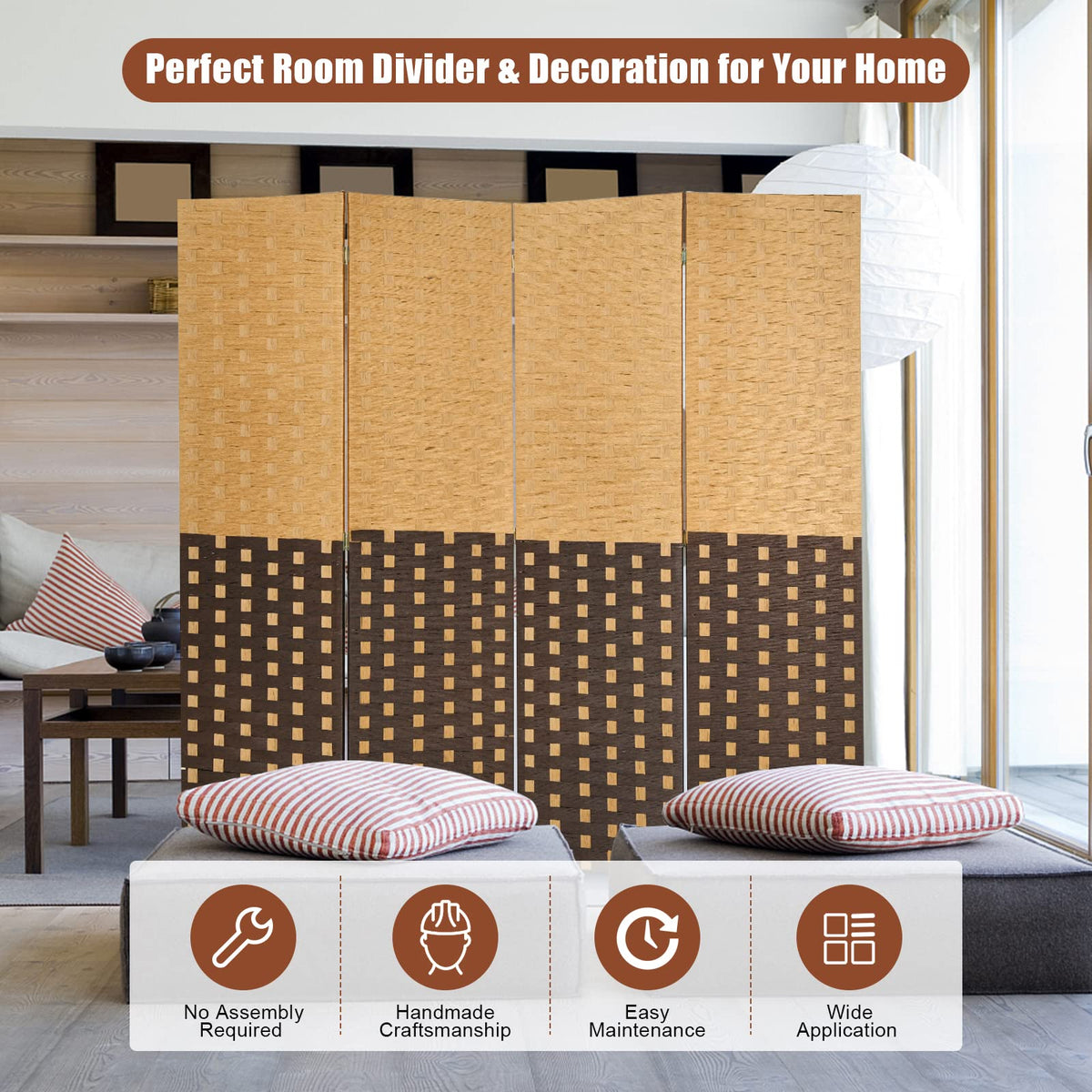 6Ft Room Divider, 4-Panel Woven Wall Divider Panel Screen, Extra Wide Freestanding Privacy Screen Divider