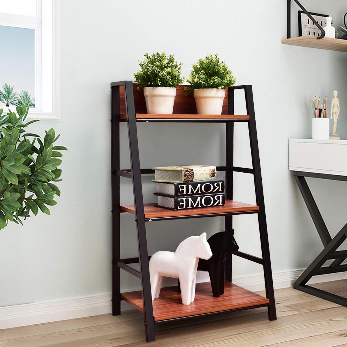 Giantex 3 Tier Bookshelf, Industrial Ladder Bookcase with Metal Frame