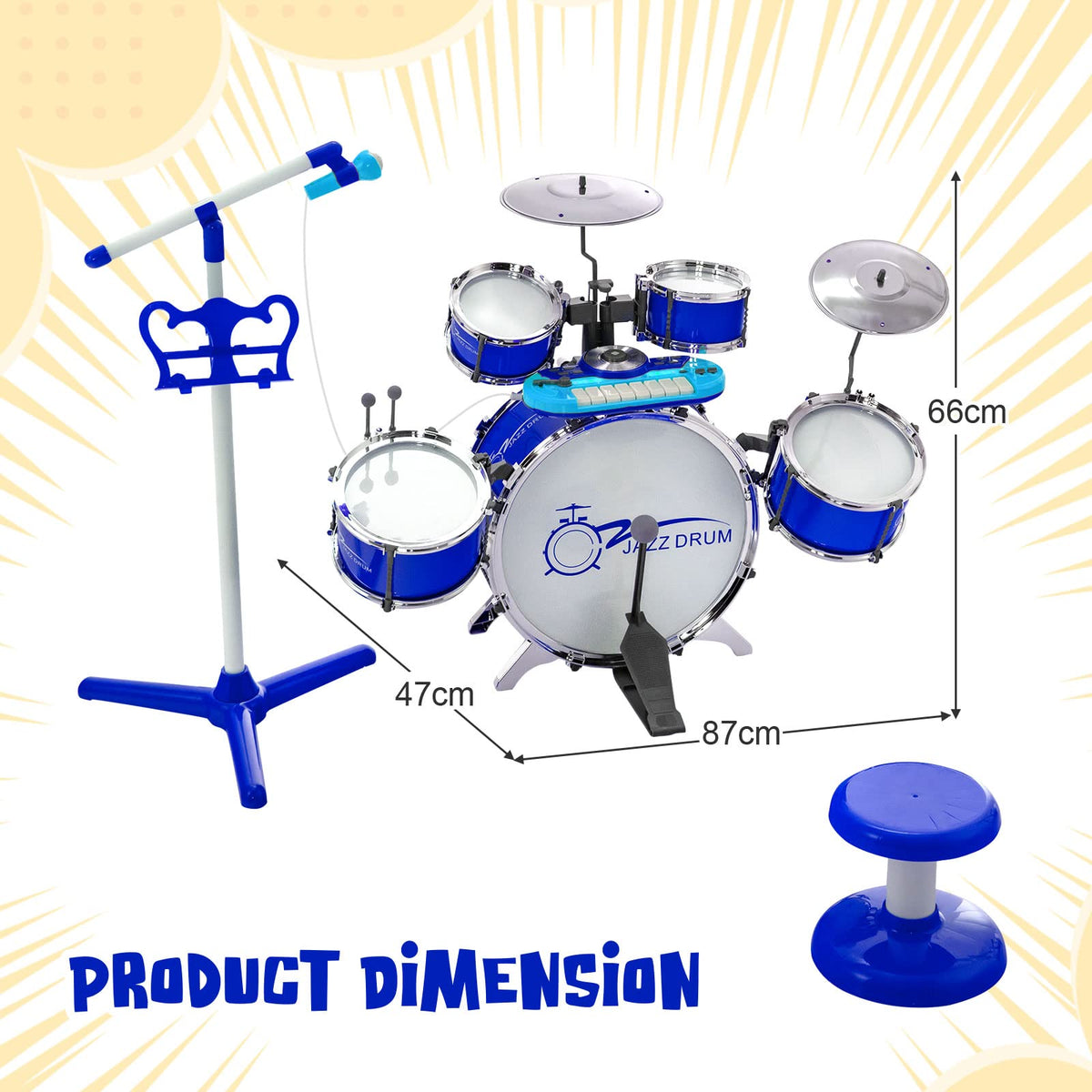 Kids Drum Keyboard Set with Stool & Microphone Stand