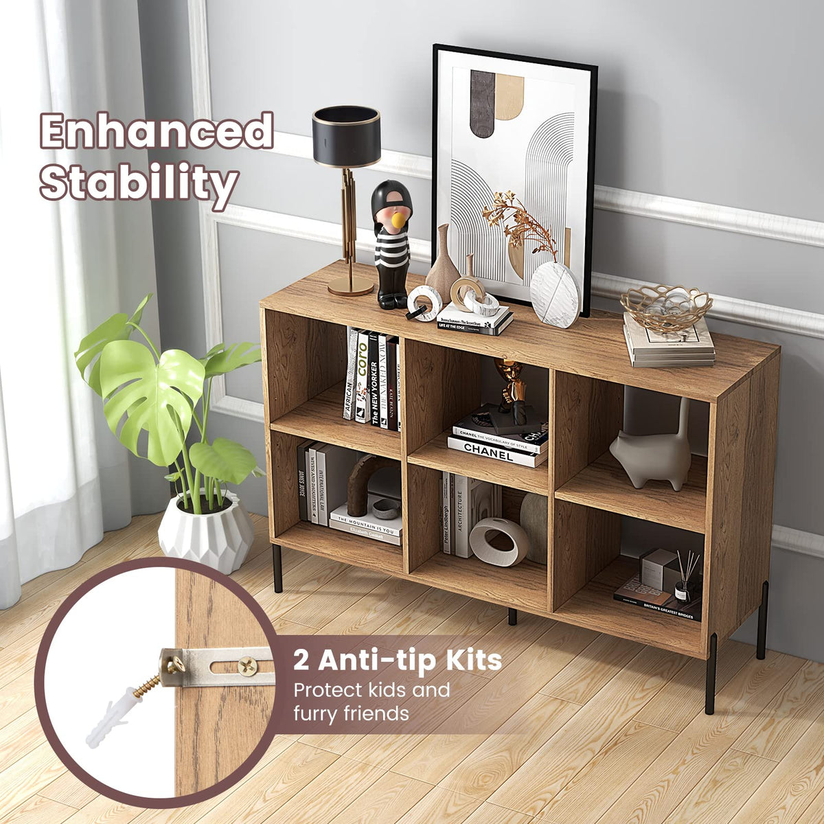 Giantex 6-Cube Storage Bookcase, 3-Tier Wooden Open Bookshelf with 5 Metal Legs