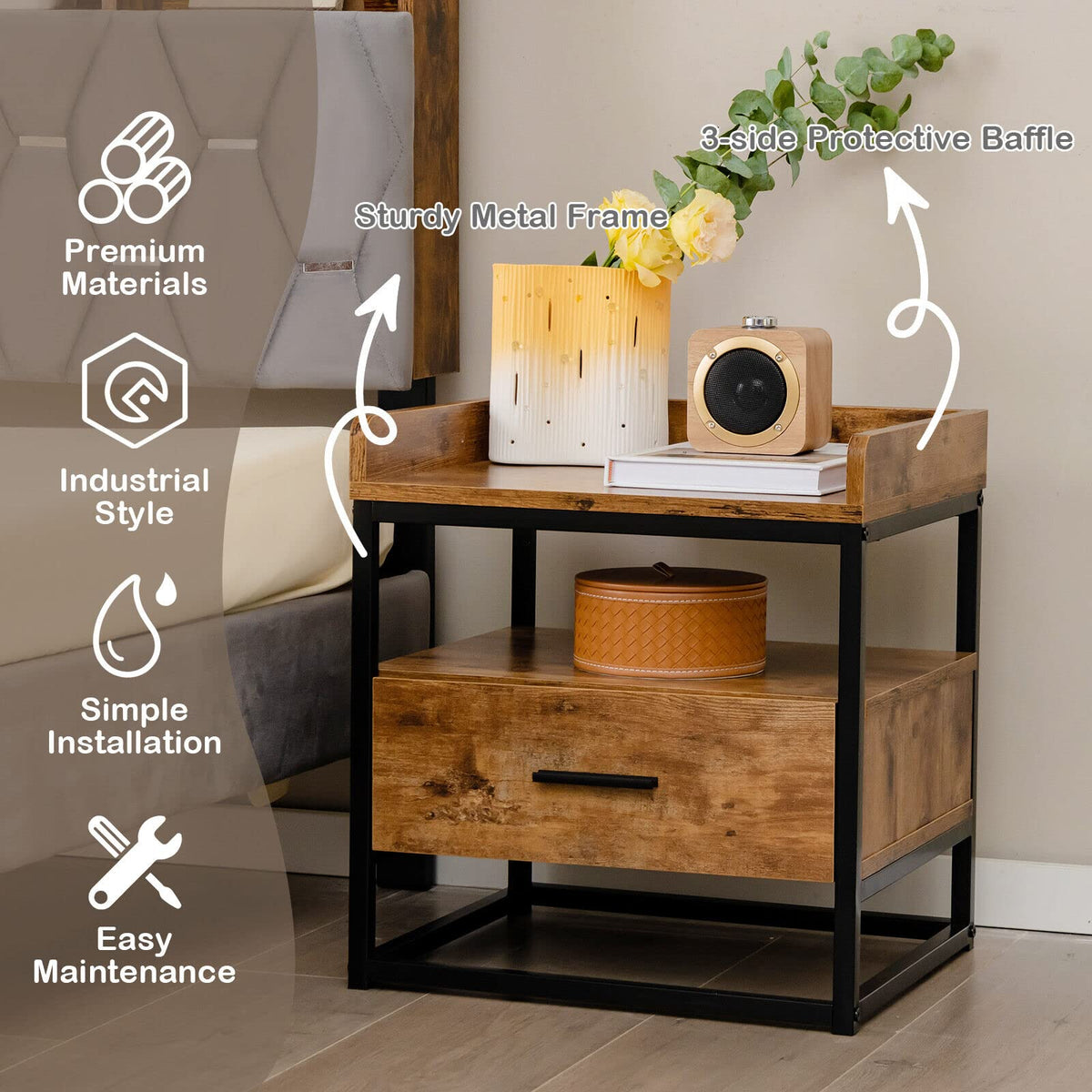 Giantex Rustic Side Table with Drawer, 3-Tier Nightstand with Raised Top Baffles, Open Compartment, Rustic Brown