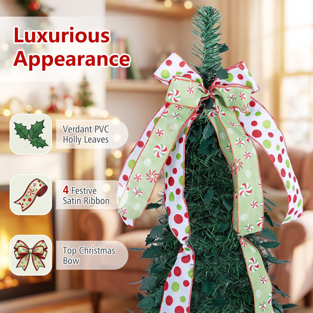 1.8M/2.1M Artificial Christmas Tree with Tree Topper Bow and 4 Ribbons